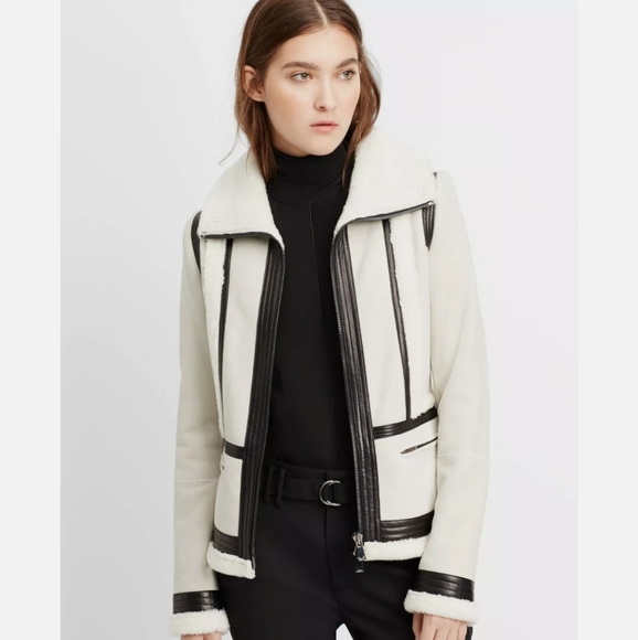 Vince White Leather Trimmed Shearling Jacket NEW - Picture 2 of 10
